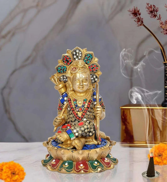 Brassaura® Brass Ram Lala Sitting Idol | 9 Inch Brass Ram Statue with Stonework | Handcrafted Murti for Home & Temple