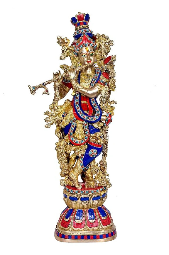 ब्रासोरा® वृंदावन वेणुगोपाल कृष्ण पीतल की प्रतिमा मोर के साथ | एंटीक नीला और सुनहरा रंग | ऊँचाई 20 इंच