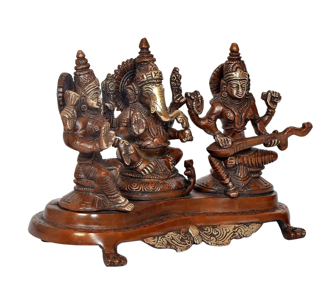 Brassaura® Brass Lakshmi Ganesh Saraswati Statue | Height 6.5 Inches | Multicolor Divine Idol for Home & Mandir