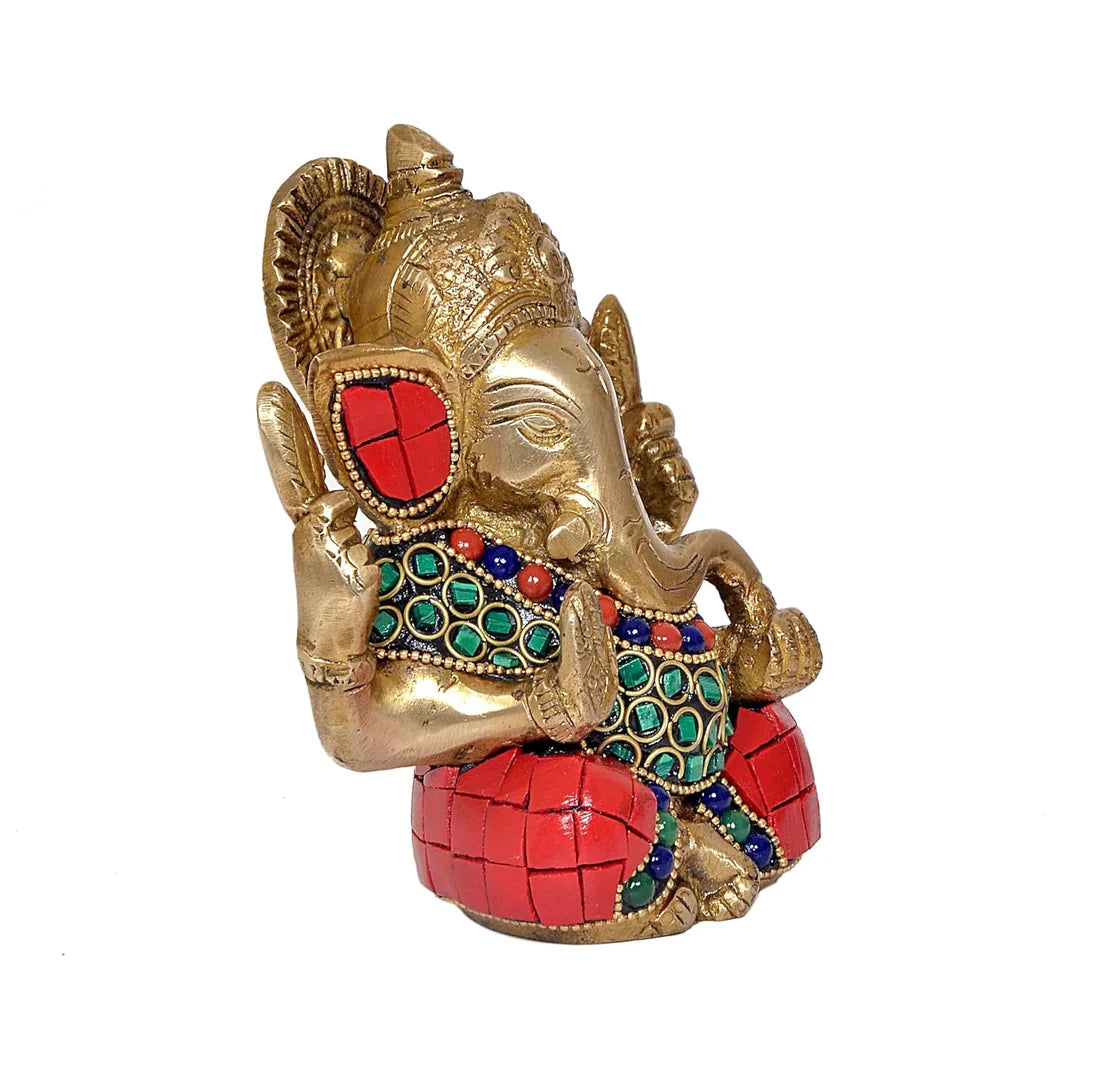 Brassaura® Brass Ganesha Statue | Height 4.5 Inches | Multicolor Ganpati Idol for Home, Office & Mandir
