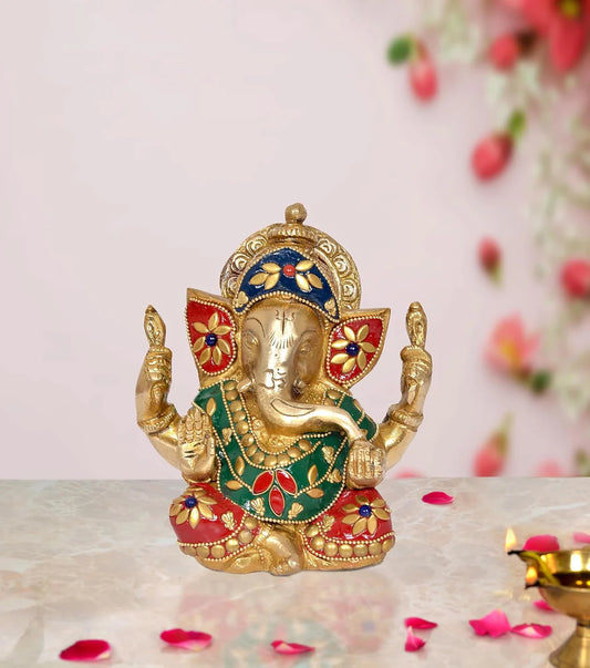 Brassaura® Brass Ganesha Statue | Height 5.5 Inches | Multicolor Ganpati Murti for Home Décor & Pooja