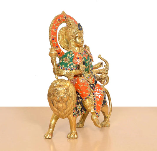 Brassaura® Multicolor Maa Durga Brass Statue on Lion | Handcrafted Devi Idol with Stone Work | Height 14 Inches