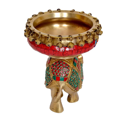 Brassaura® Brass Elephant with Urli & Ghungroo Work | Decorative Brass Showpiece | Height 7.5 Inches