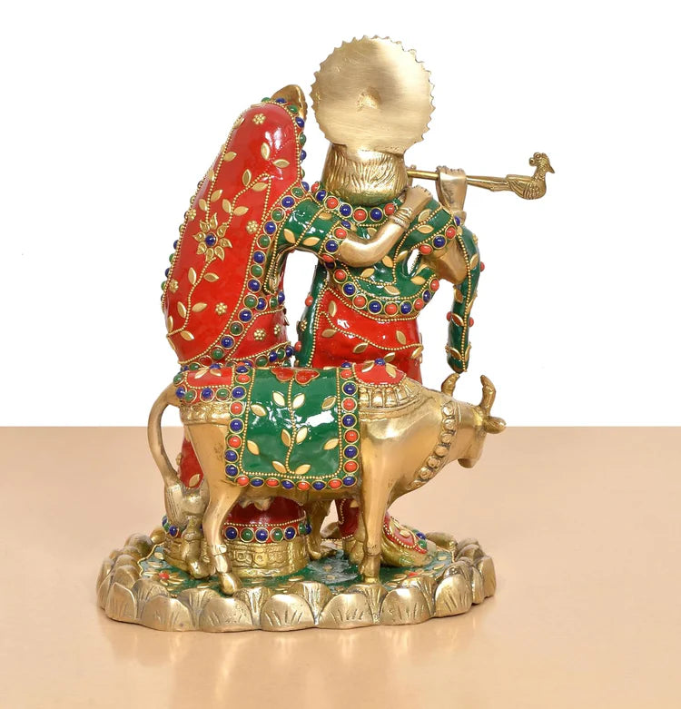 Brassaura® Multicolor Radha Krishna Brass Statue | Handcrafted Krishna Playing Flute Idol | Height 11 Inches
