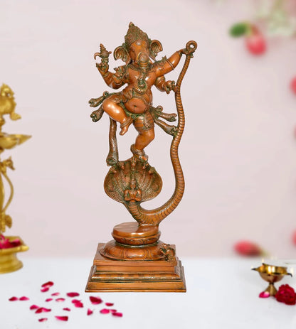 Brassaura® Dancing Ganesha on Sheshnaag Brass Statue | Traditional Multi Tone Finish | Height 27 Inches