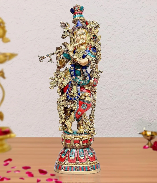 Brassaura® Brass Krishna Idol | 29 Inch Large Brass Statue | Handcrafted Divine Murti for Home & Temple