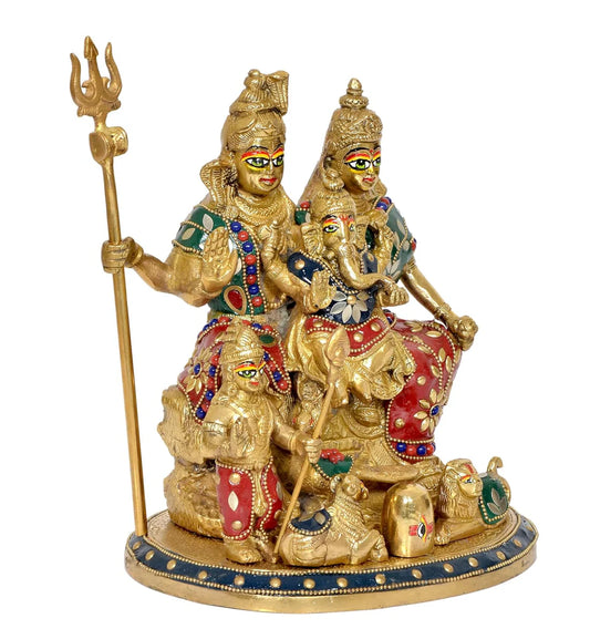 Brassaura® Brass Shiv Parivar Statue | Height 10 Inches | Multicolor Shiva Family Idol for Home & Mandir