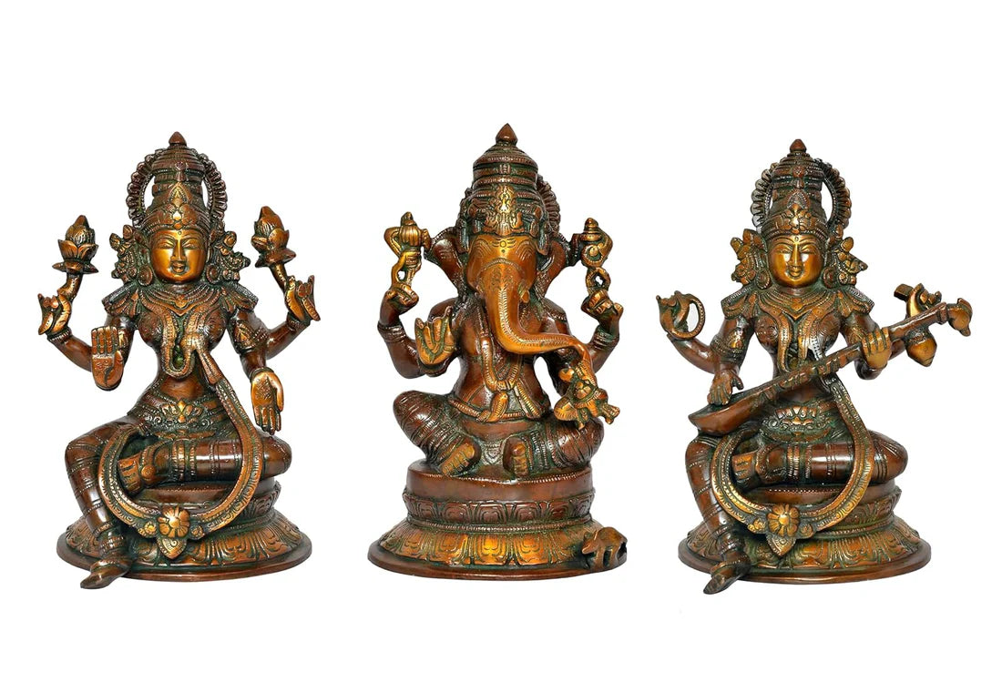 Brassaura® Brass Lakshmi Ganesh Saraswati Statue Idol | Height 10 Inches