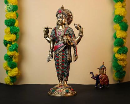 Brassaura® Brass Dhanvantari Narayana Statue with Stonework | Height 15.35 Inches