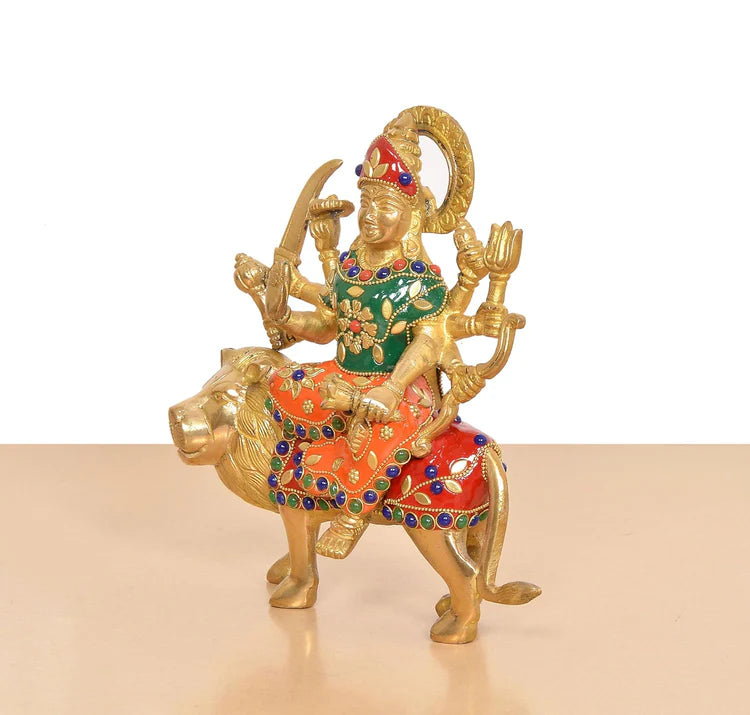 Brassaura® Multicolor Maa Durga Brass Statue on Lion | Handcrafted Devi Idol with Stone Work | Height 8 Inches