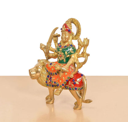 Brassaura® Multicolor Maa Durga Brass Statue on Lion | Handcrafted Devi Idol with Stone Work | Height 8 Inches