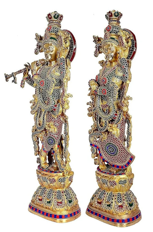 Brassaura® Brass Radha Krishna Statue Pair | 30 Inch Multicolor Standing Idols