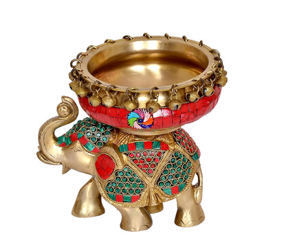 Brassaura® Brass Elephant with Urli & Ghungroo Work | Decorative Brass Showpiece | Height 7.5 Inches