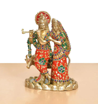Brassaura® Multicolor Radha Krishna Brass Statue | Handcrafted Krishna Playing Flute Idol | Height 11 Inches