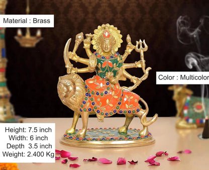 Brassaura® Multicolor Maa Durga Brass Statue on Lion | Handcrafted Devi Idol with Stone Work | Height 7.5 Inches