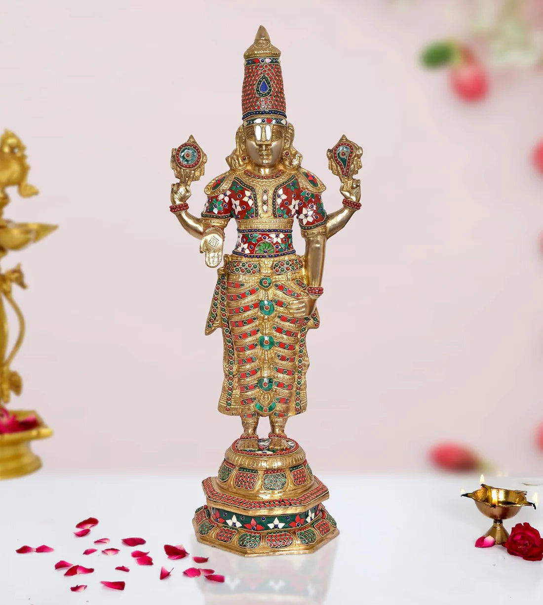 ब्रासोरा® वृंदावन वेणुगोपाल कृष्ण पीतल की प्रतिमा मोर के साथ | एंटीक नीला और सुनहरा रंग | ऊँचाई 20 इंच