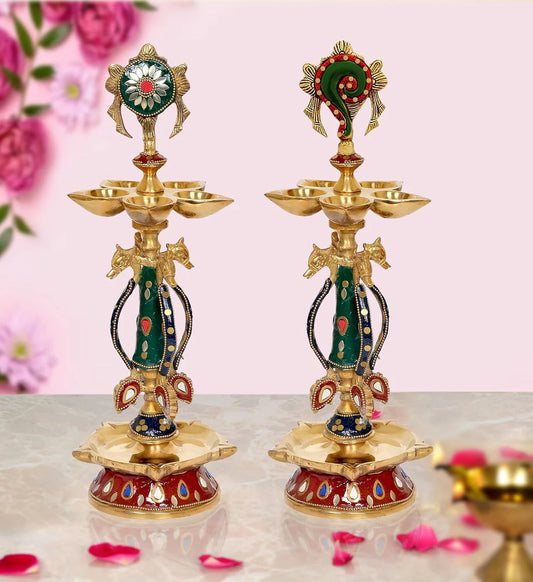 Brassaura® Brass Shankh Chakra Oil Lamp Set | Height 14.5 Inches | Multicolor Decorative Brass Diyas (Pack of 2)