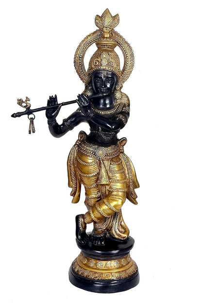 ब्रासोरा® वृंदावन वेणुगोपाल कृष्ण पीतल की प्रतिमा मोर के साथ | एंटीक नीला और सुनहरा रंग | ऊँचाई 20 इंच
