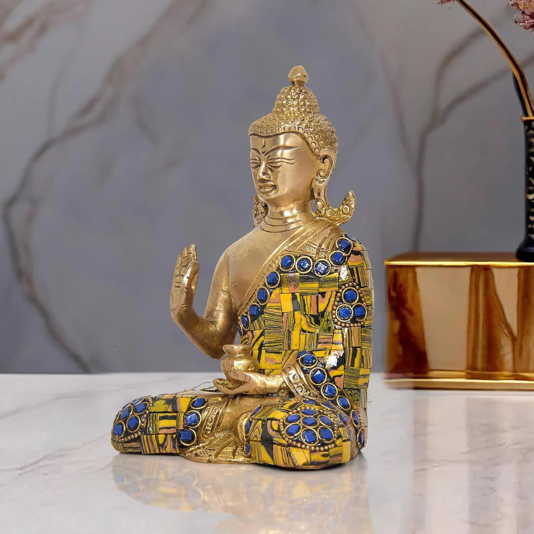 Brassaura® Brass Buddha Statue | Height 6.5 Inches | Golden Meditating Buddha Idol for Home & Office