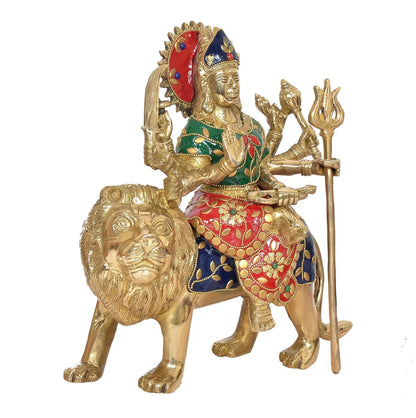 Brassaura® Brass Durga Maa Idol (Sherawali on Lion) | Height 10 Inches