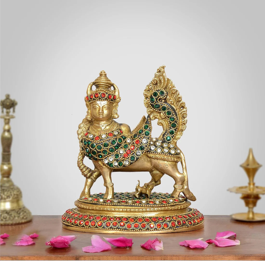 ब्रासोरा® वृंदावन वेणुगोपाल कृष्ण पीतल की प्रतिमा मोर के साथ | एंटीक नीला और सुनहरा रंग | ऊँचाई 20 इंच