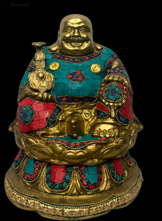 Brassaura™ Brass Gem Stone Work Sitting Laughing Buddha Religious and spritiuality for God Home Decor Murti Idol for Home Temple Puja Office Shop Counter Decorative Showpiece and Gifts Item