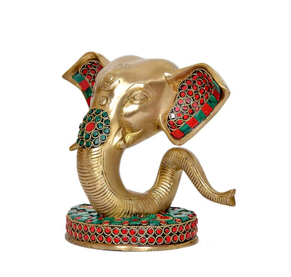 Brassaura® Modern Ganesha Head Brass Idol with Stone Work | Decorative Spiritual Showpiece | Height 6.5 Inches