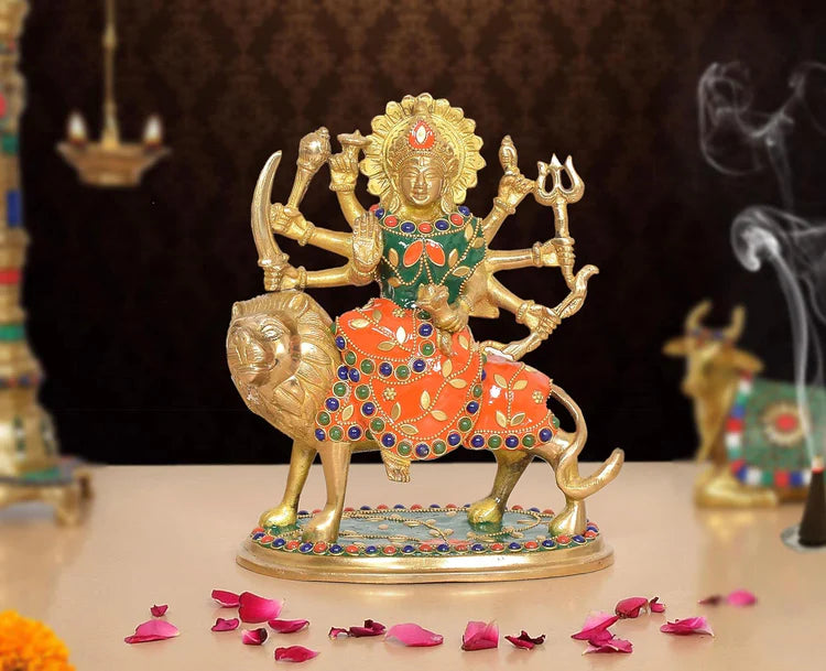 Brassaura® Multicolor Maa Durga Brass Statue on Lion | Handcrafted Devi Idol with Stone Work | Height 7.5 Inches