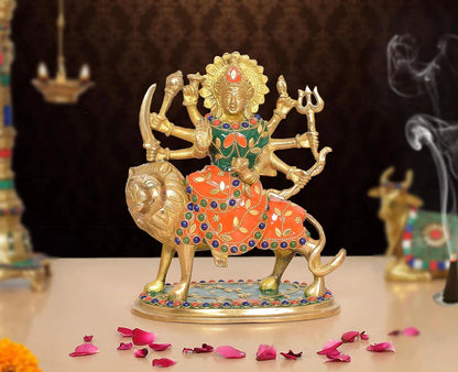 Brassaura® Multicolor Maa Durga Brass Statue on Lion | Handcrafted Devi Idol with Stone Work | Height 7.5 Inches