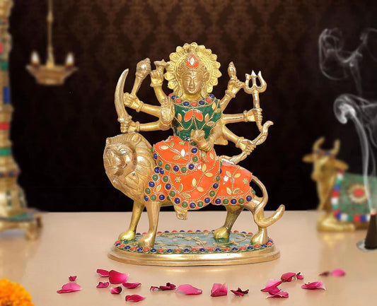 Brassaura® Multicolor Maa Durga Brass Statue on Lion | Handcrafted Devi Idol with Stone Work | Height 7.5 Inches