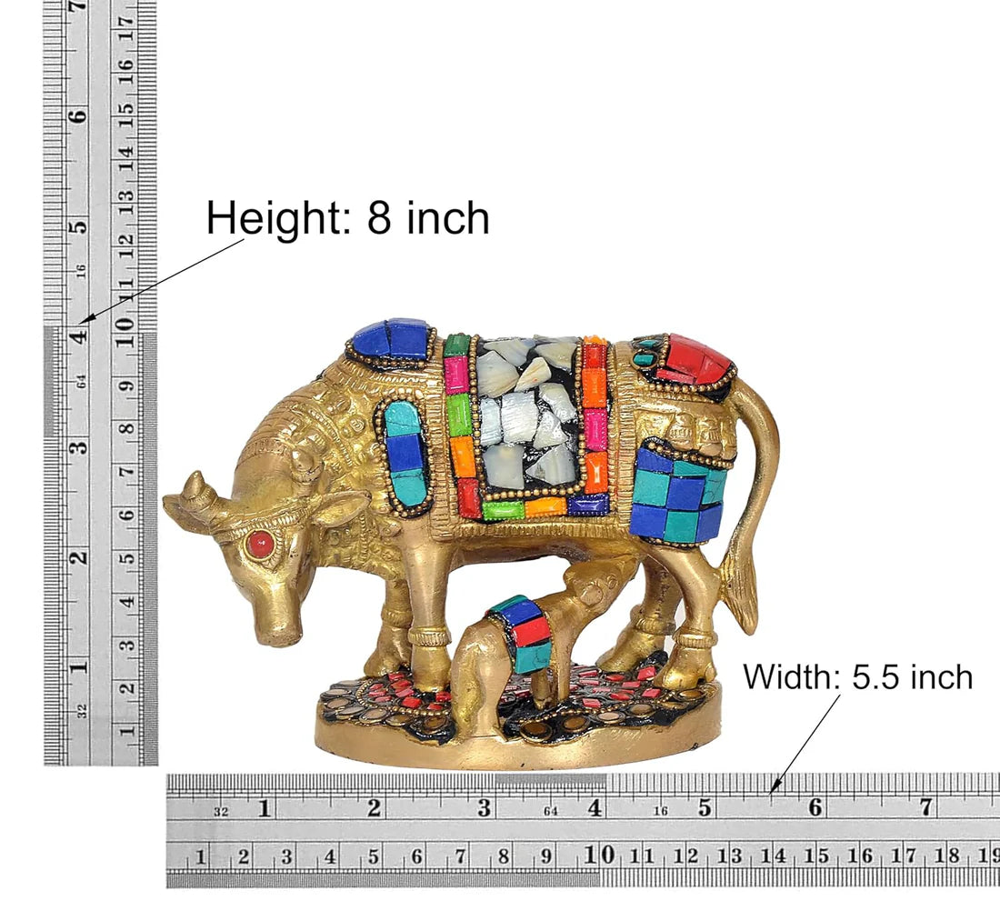 Brassaura® Brass Kamdhenu Cow with Calf Statue | Height 4 Inches | Multicolor Sacred Cow Idol for Home & Mandir