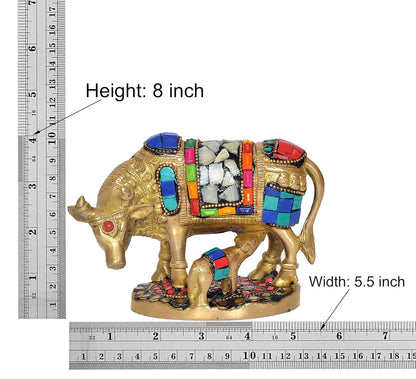 Brassaura® Brass Kamdhenu Cow with Calf Statue | Height 4 Inches | Multicolor Sacred Cow Idol for Home & Mandir