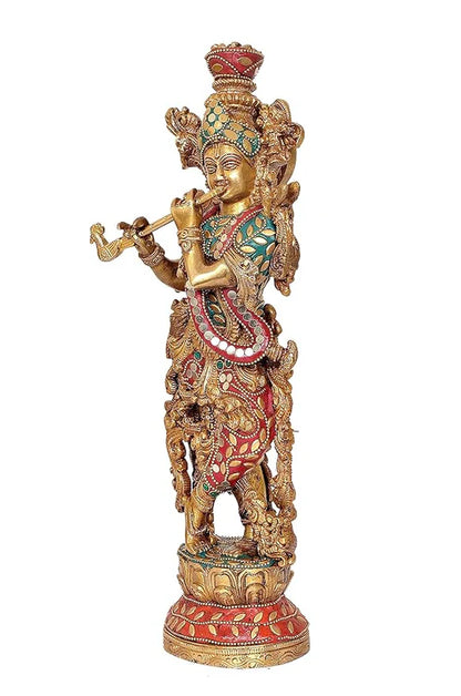 Brassaura® Brass Krishna Statue | 14 Inch Multicolor Lord Krishna Idol | Handcrafted Brass Murti for Home & Temple