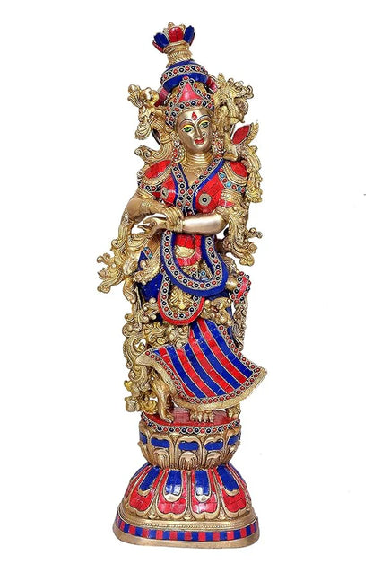 ब्रासोरा® वृंदावन वेणुगोपाल कृष्ण पीतल की प्रतिमा मोर के साथ | एंटीक नीला और सुनहरा रंग | ऊँचाई 20 इंच