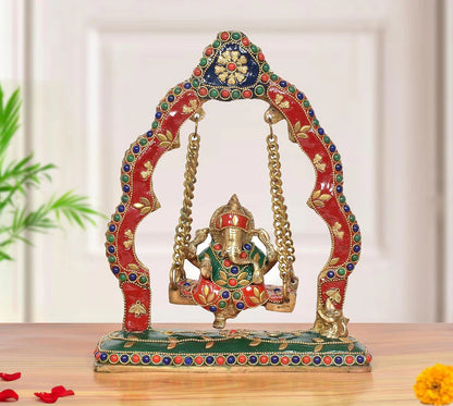 Brassaura® Brass Ganesha Swinging Jhula Statue | Height 9 Inches