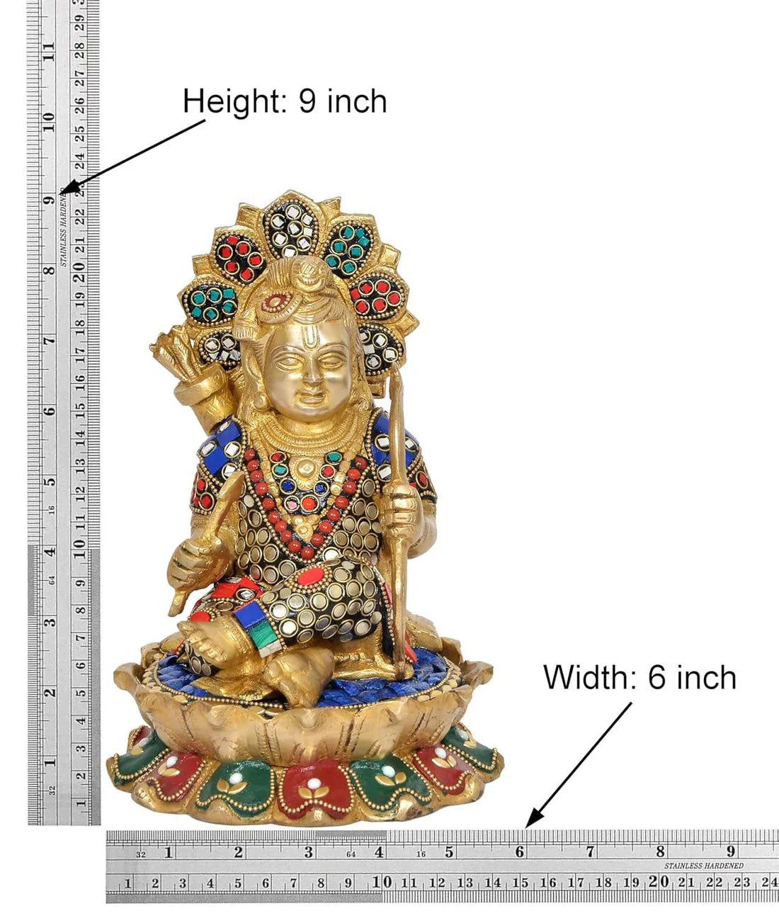 Brassaura® Brass Ram Lala Sitting Idol | 9 Inch Brass Ram Statue with Stonework | Handcrafted Murti for Home & Temple