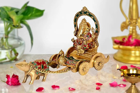 Brassaura® Brass Ganesha Rath Chariot Statue Idol | Length 12 Inches