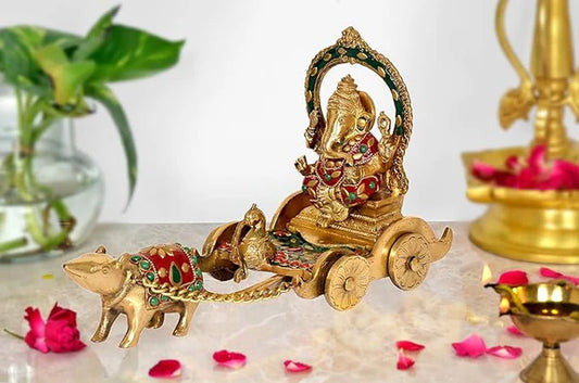 Brassaura® Brass Ganesha Rath Chariot Statue Idol | Length 12 Inches