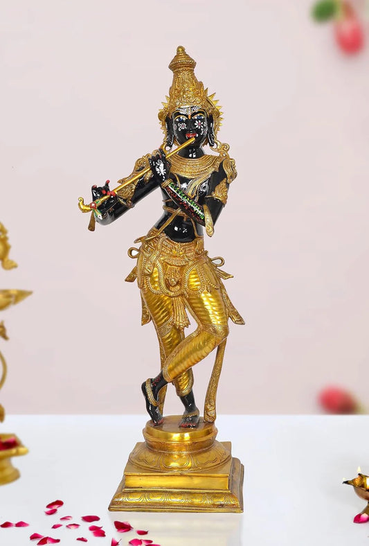 Brassaura® Brass Krishna Playing Flute Idol | 35 Inch Multicolor Lord Krishna Statue | Handcrafted Brass Murti for Home & Temple