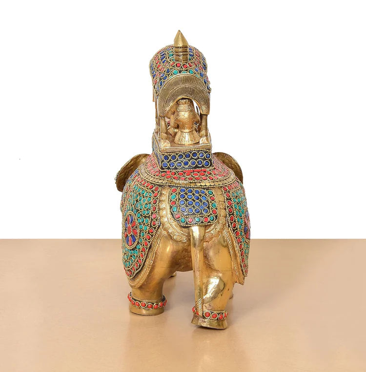Brassaura® Multicolor Elephant Ambari Brass Statue | Royal Elephant Showpiece with Stone Work | Height 13 Inches