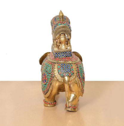 Brassaura® Multicolor Elephant Ambari Brass Statue | Royal Elephant Showpiece with Stone Work | Height 13 Inches