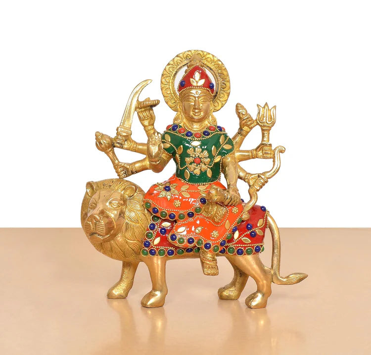 Brassaura® Multicolor Maa Durga Brass Statue on Lion | Handcrafted Devi Idol with Stone Work | Height 8 Inches