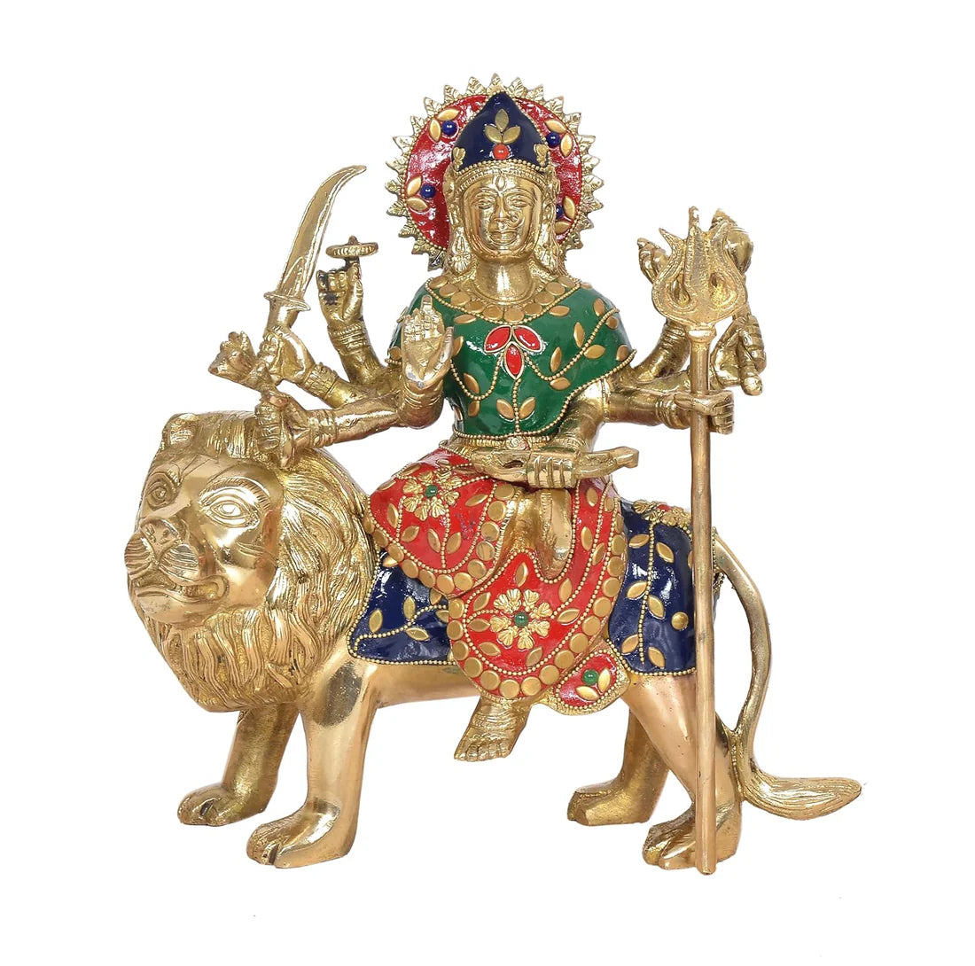 Brassaura® Brass Durga Maa Idol (Sherawali on Lion) | Height 10 Inches
