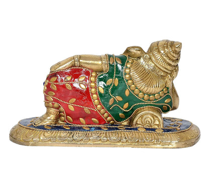Brassaura® Brass Relaxing Ganesha Statue | 4 Inch Multicolor Ganpati Idol | Handcrafted Brass Murti for Home & Mandir