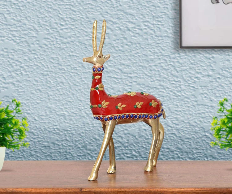 Brassaura® Multicolor Brass Deer Statue | Handcrafted Decorative Deer Showpiece | Height 9 Inches & Weight 800 gms