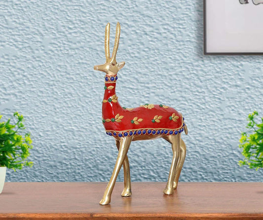 Brassaura® Multicolor Brass Deer Statue | Handcrafted Decorative Deer Showpiece | Height 9 Inches & Weight 800 gms