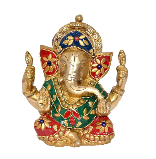 Brassaura® Brass Ganesha Statue | Height 5.5 Inches | Multicolor Ganpati Murti for Home Décor & Pooja