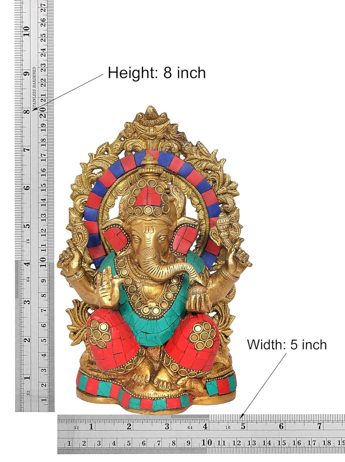 Brassaura® Brass Ganesha Statue | Height 8 Inches | Multicolor Ganpati Idol for Home, Office & Mandir