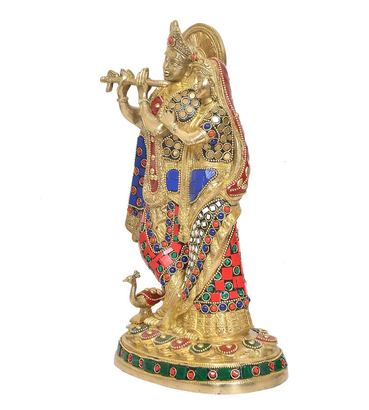 Brassaura® Brass Standing Radha Krishna Idol with Peacock Design | Height 12 Inches