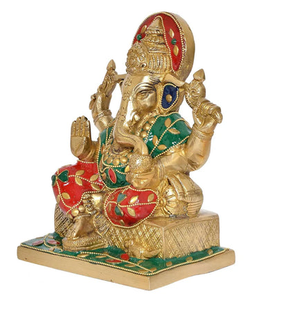 Brassaura® Brass Ganesha Statue with Stonework | Height 7 Inches